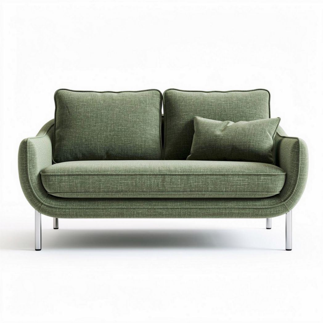 Groen stoffen bank met losse kussens en metalen poten 200 x 85 x 75cm