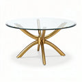 Glazen eettafel met gouden metalen onderstel diameter 100 cm hoogte 75 cm
