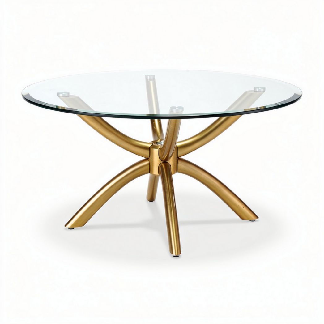 Glazen eettafel met gouden metalen onderstel diameter 100 cm hoogte 75 cm