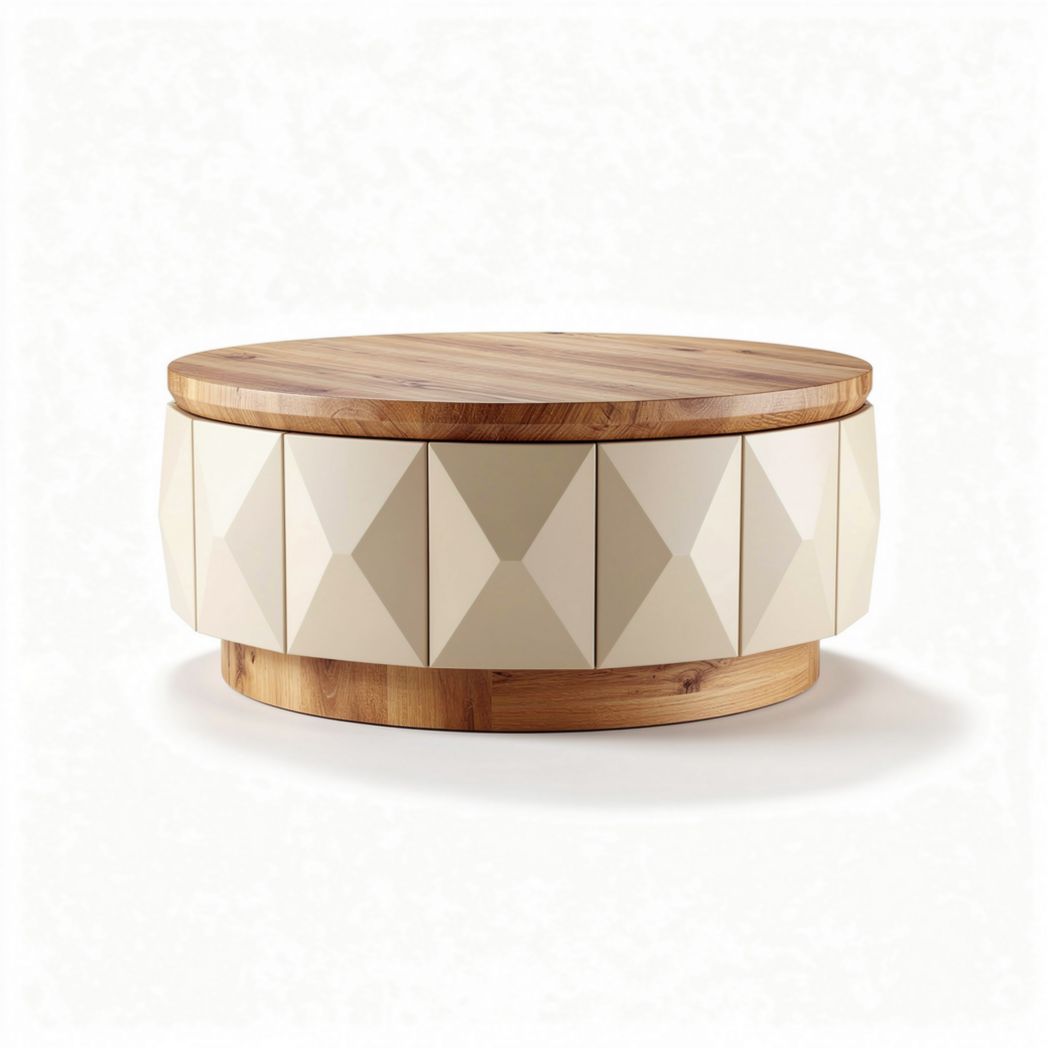 Ronde salontafel van hout met geometrische patronen in neutrale kleuren 90 x 90 x 40cm