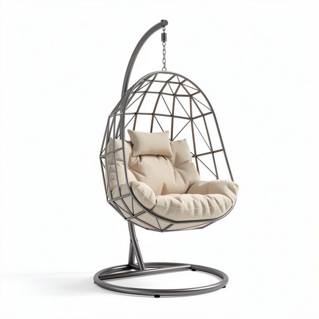 Hangstoel met metalen frame en kussen in beige 100 x 100 x 120cm