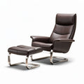 Leren relaxstoel met voetenbank en stalen voet in bruin 90 x 80 x 100cm