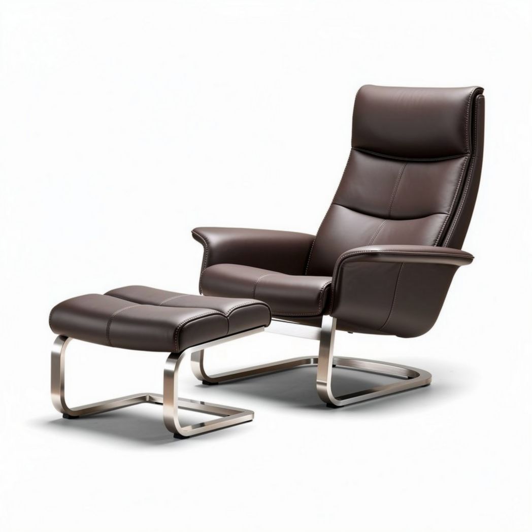 Leren relaxstoel met voetenbank en stalen voet in bruin 90 x 80 x 100cm