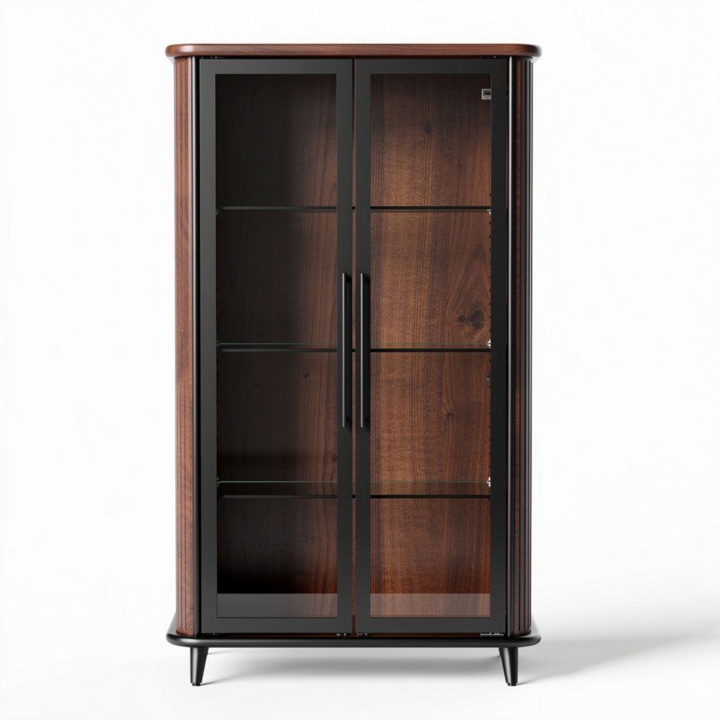 Houten vitrinekast met glazen deuren en metalen handgrepen 80 x 40 x 130cm